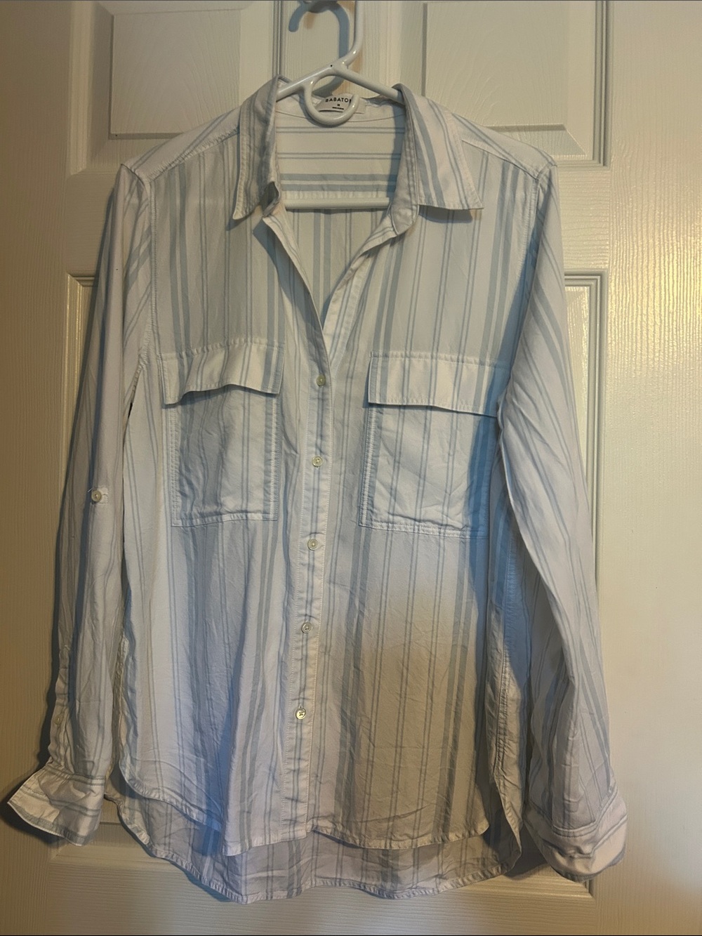 Babaton Light Blue and White Striped Women’s Button-Up Blouse